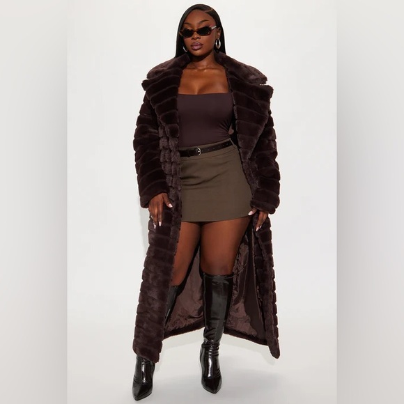 NWT Fashion Nova Vivienne Faux Fur Trench Maxi Coat Chocolate Brown Luxe - Picture 8 of 17